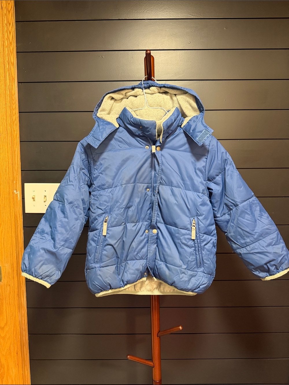 Kids Blue Hooded Puffer Jacket with Gray Fleece Lining